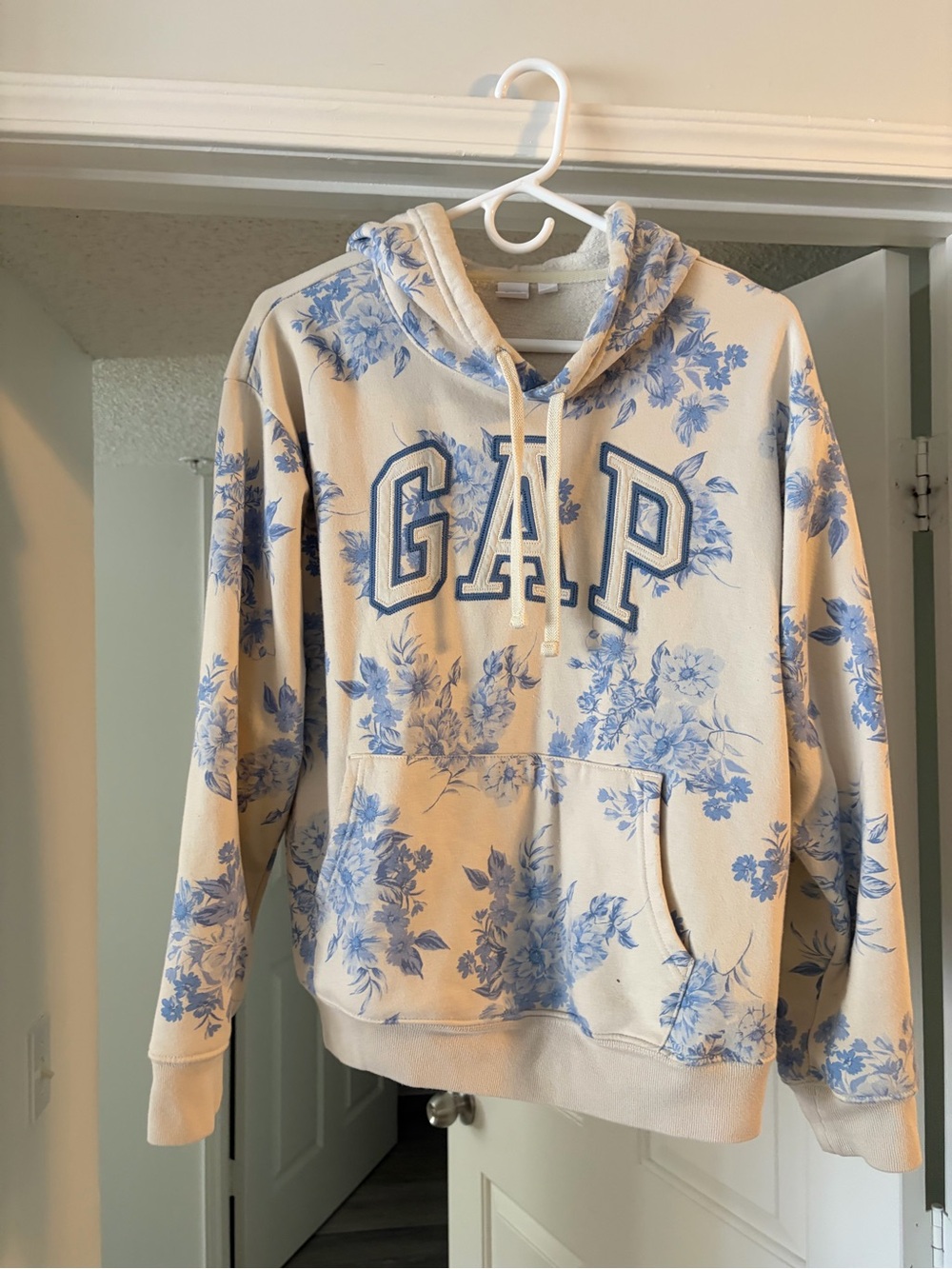 GAP Cream Hoodie with Blue Floral Print and Logo